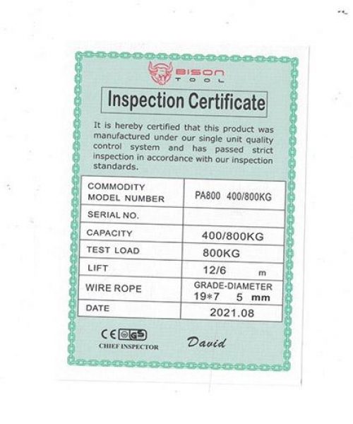 certificate pa800-12m